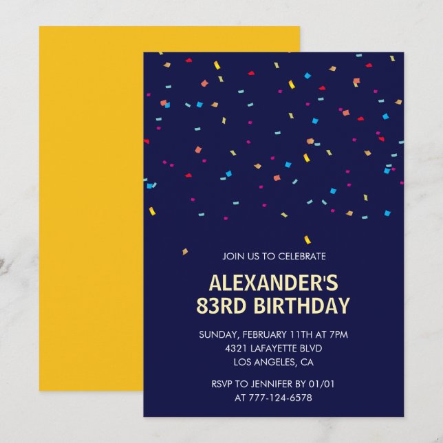 Invitation Confetti moderne bleu marine Hommes 83e anniversai (Devant / Derrière)