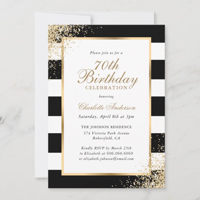 Invitation Confetti Noir Blanc Or 70e anniversaire (Devant)