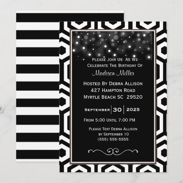 Invitation Confetti noir et blanc fête d'anniversaire (Devant / Derrière)