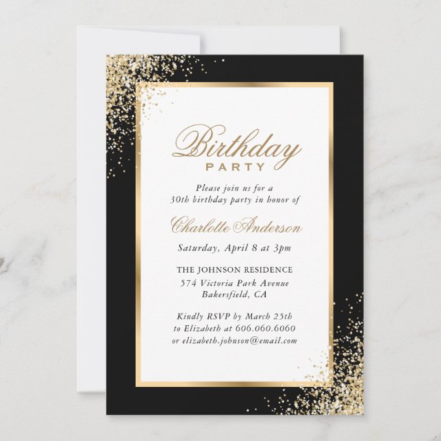 Invitation Confetti noir et or fête d'anniversaire (Devant)