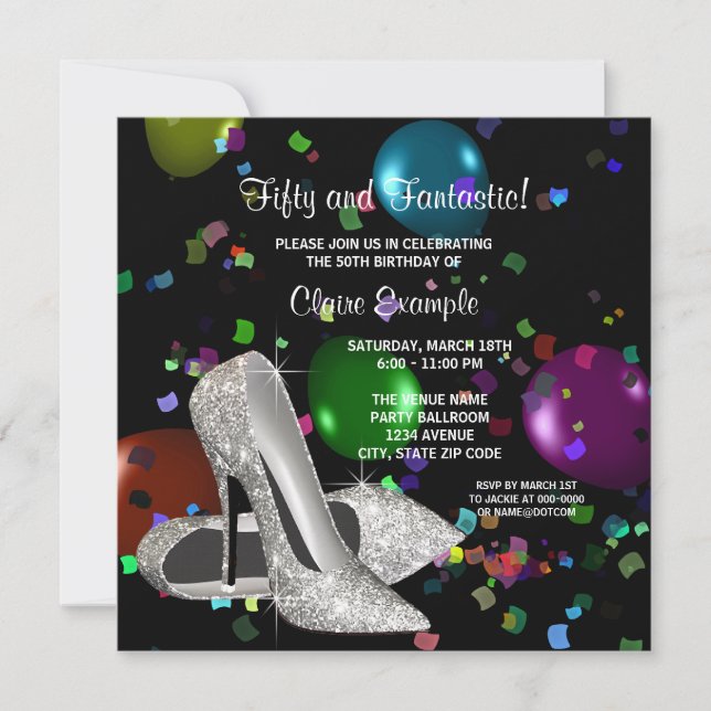 Invitation Confetti Noir Haut talons femmes fête d'anniversai (Devant)