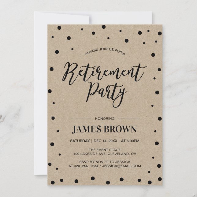 Invitation Confetti noir & Kraft | Parti de la retraite moder (Devant)