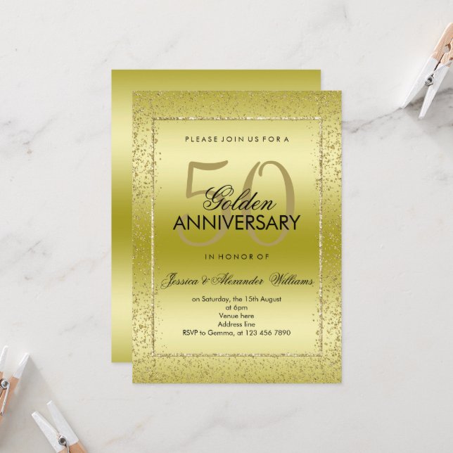 Invitation Confetti Or élégant 50e Mariage d'or (Devant/Arrière en situation)