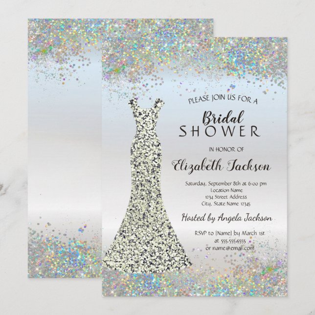 Invitation Confetti, Parties scintillant en argent Fête des m (Devant / Derrière)