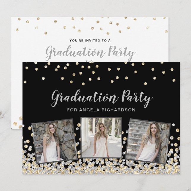 Invitation Confetti Photo Collage Silver Graduation Party (Devant / Derrière)
