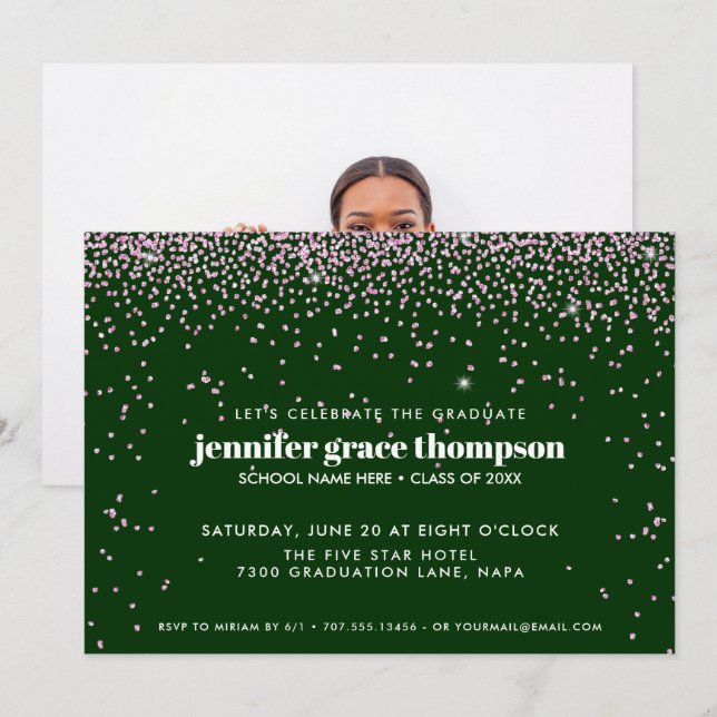 Invitation Confetti Pink and Green Photo Graduation Party (Devant / Derrière)