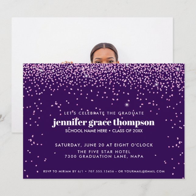 Invitation Confetti Pink and Purple Photo Graduation Party (Devant / Derrière)