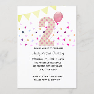 Invitation Confetti Pink Polka Dot Gold 2e anniversaire fille
