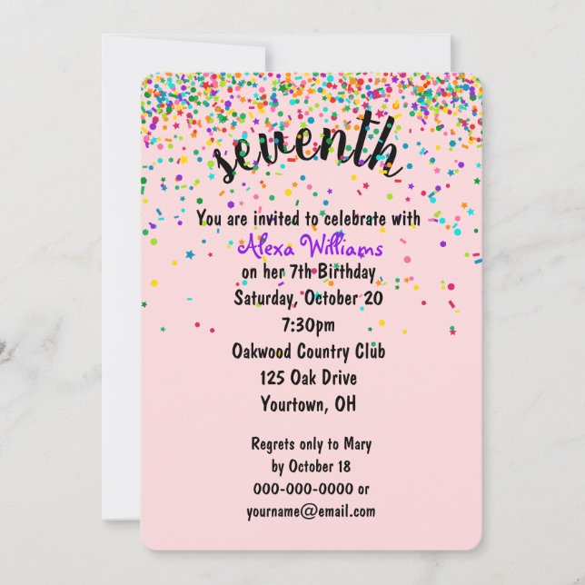 Invitation Confetti pour la fête du 7e anniversair (Devant)