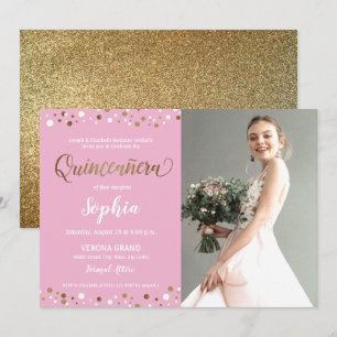 Invitation Confetti Quinceanera rose et or 15e anniversaire