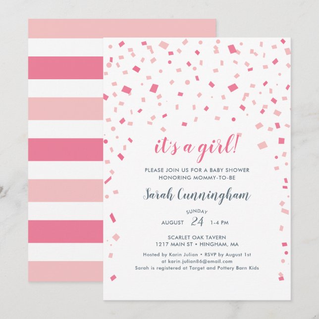 Invitation Confetti rose C'est un Baby shower féminin (Devant / Derrière)