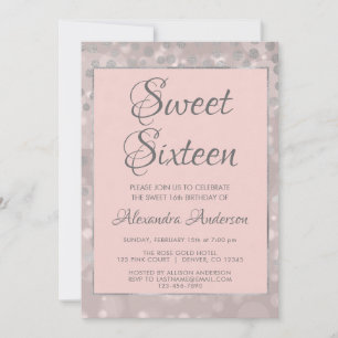 Invitation Confetti rose et argent blanc doux 16 Anniversaire