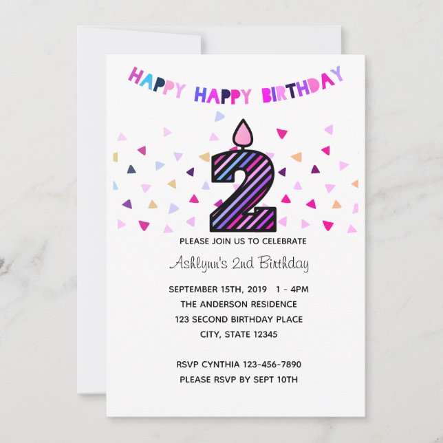 Invitation Confetti rose violet 2e fille anniversaire (Devant)
