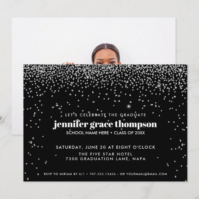 Invitation Confetti Silver and Black Photo Graduation Party (Devant / Derrière)