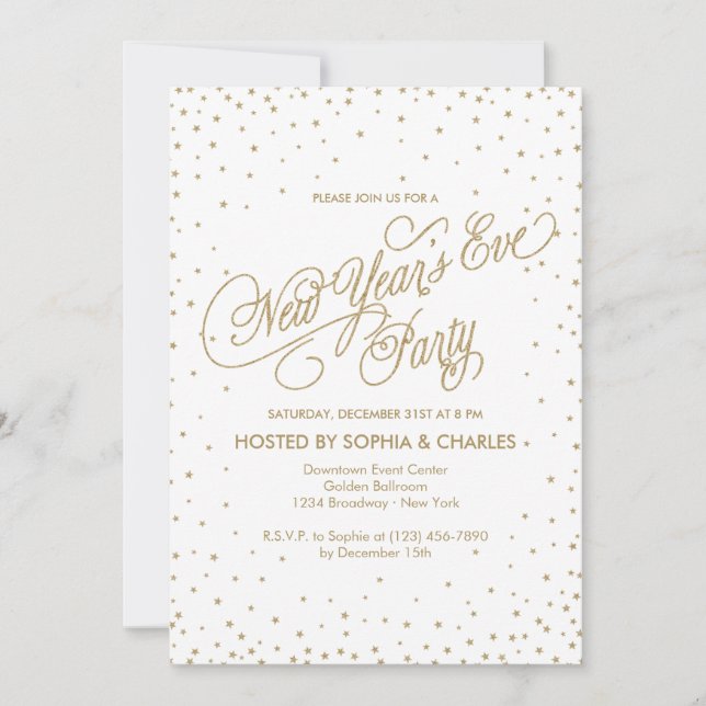 Invitation Confetti Stars Gold Parties scintillant Nouvel An' (Devant)