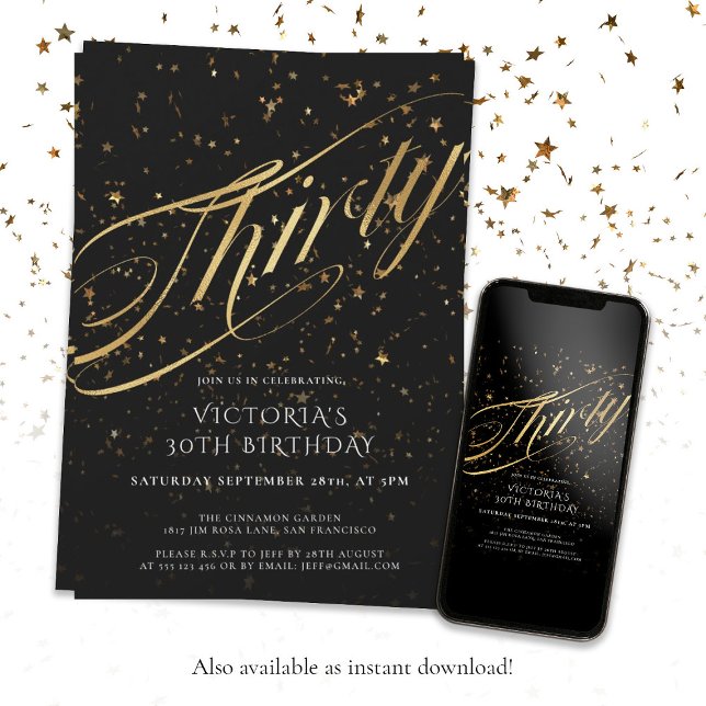 Invitation Confetti Trente Black Gold Faux Foil 30e anniversa (Confetti Thirty 30th Birthday Black Gold Faux Foil Invitation)