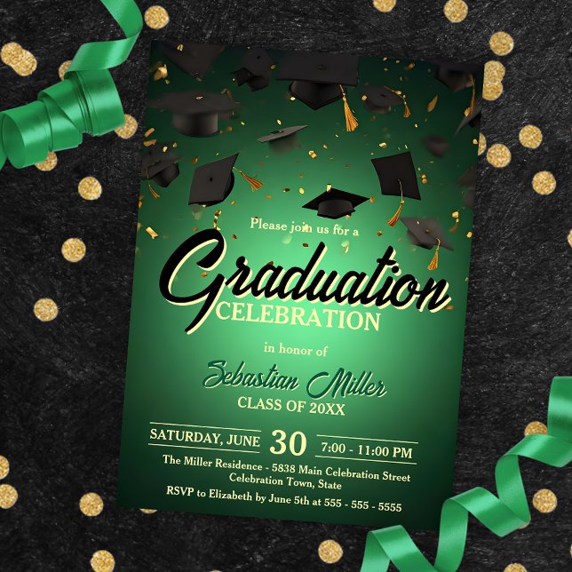 Invitation Confetti vert et fête de la graduation Casquette (Créateur téléchargé)