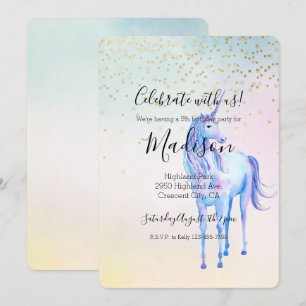 Invitation Confetti violet Unicorne Aqua rose jaune or