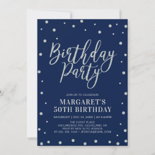Invitation Confettis argentés et marine Anniversaire adulte