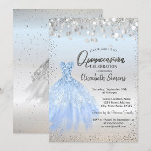 Invitation Confettis Argentés, Robe Bleue de Quinceañera