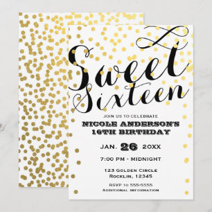 Invitation Confettis Blancs et Dorés Feuille SWEET 16 SEIZE