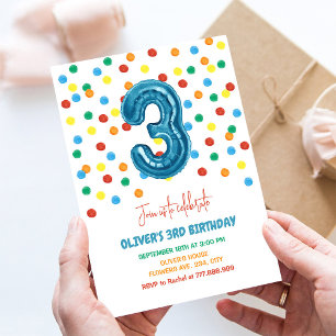 Invitation Confettis Colorés Trois Ballons 3ème Anniversaire