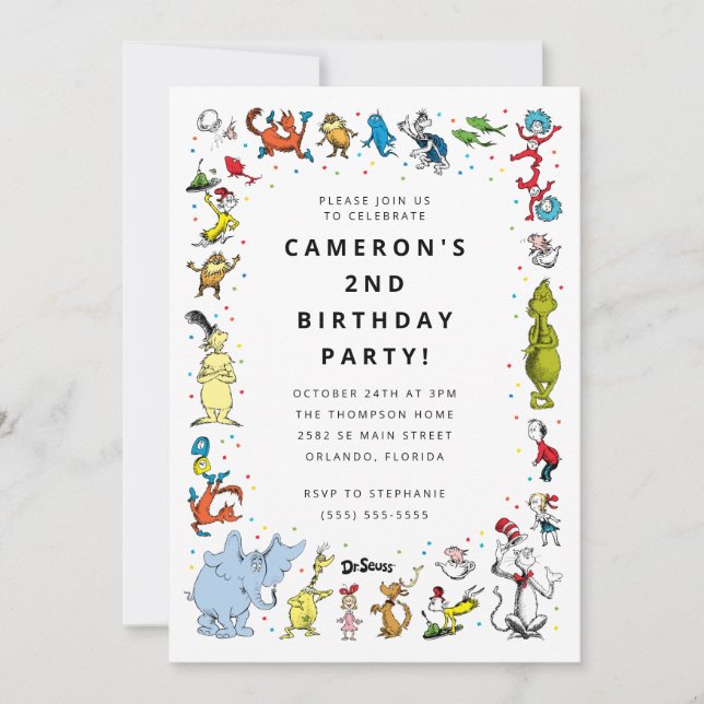 Invitation Confettis de personnages de Dr Seuss | Anniversair (Devant)