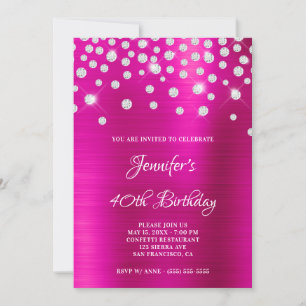 Invitation Confettis Diamants Rose Chaud Satin Feuille Ombre