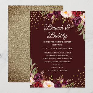 Invitation Confettis dorés Burgundy Floral Brunch et bulles