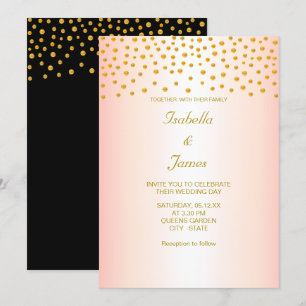 Invitation Confettis dorés chics sur fond noir et or rose