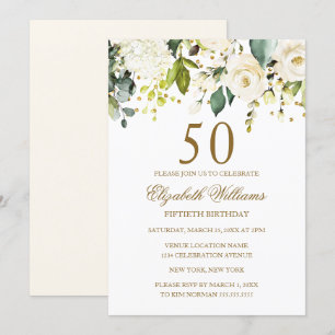Invitation Confettis dorés Fleurs Blanches 50e Anniversaire