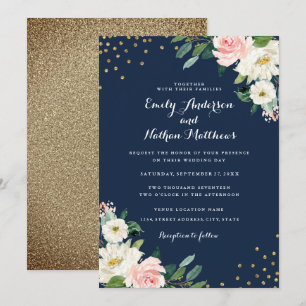 Invitation Confettis dorés mariage floral rose marine