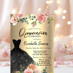 Invitation Confettis dorés,Roses Robe noire Quinceañera 
