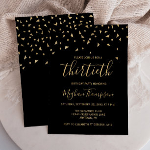 Invitation Confettis dorés sur une fête d'anniversaire noire 