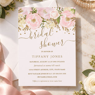 Invitation Confettis Fleuris Or Rose pour une Mariée