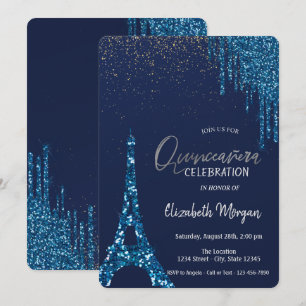 Invitation Confettis Gouttes Bleues,Tour Eiffel Quinceañera