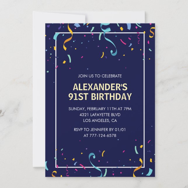 Invitation Confettis Hommes Simple Moderne 91e anniversaire (Devant)