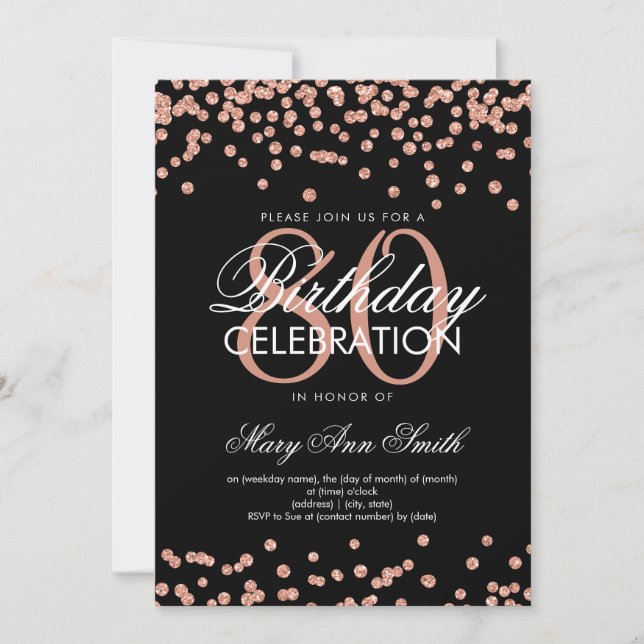 Invitation Confettis Pailletés Rose Gold Noir 80ème Anniversa (Devant)
