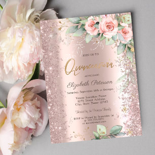 Invitation Confettis Pailletés Rose Gold Roses Quinceanera