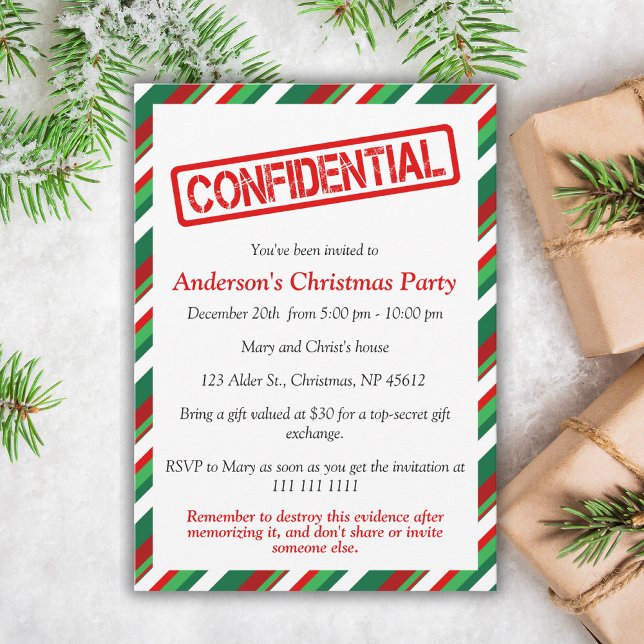 Invitation Confidentiel | Fun Noël (Get your funny Christmas party invitations now and let your guests know about the event! Order now!)