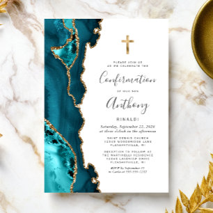 Invitation Confirmation Agate Bleu Sarcelle Paillettes Dorées