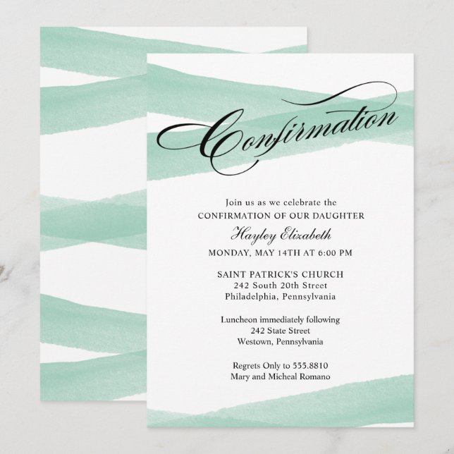 Invitation Confirmation, Aquarelle verte à la menthe Invitati (Devant / Derrière)