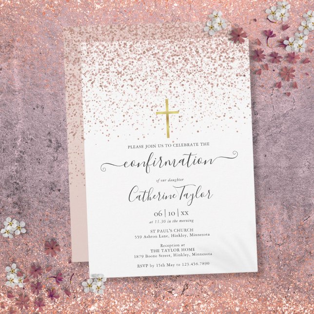 Invitation Confirmation au Glitter Or Rose Moderne (Modern Rose Gold Glitter Confirmation Invitation)