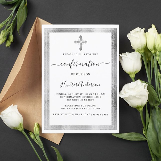 Invitation Confirmation blanc argent croix luxe (Créateur téléchargé)
