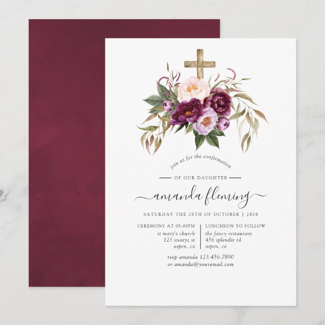 Invitation Confirmation Bourgogne/Marsala et pêche (Devant / Derrière)