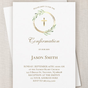 Invitation Confirmation catholique cercle or feuilles vertes