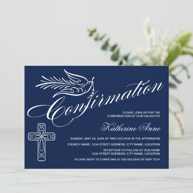 Invitation Confirmation de calligraphie avec croix et colombe (Debout devant)