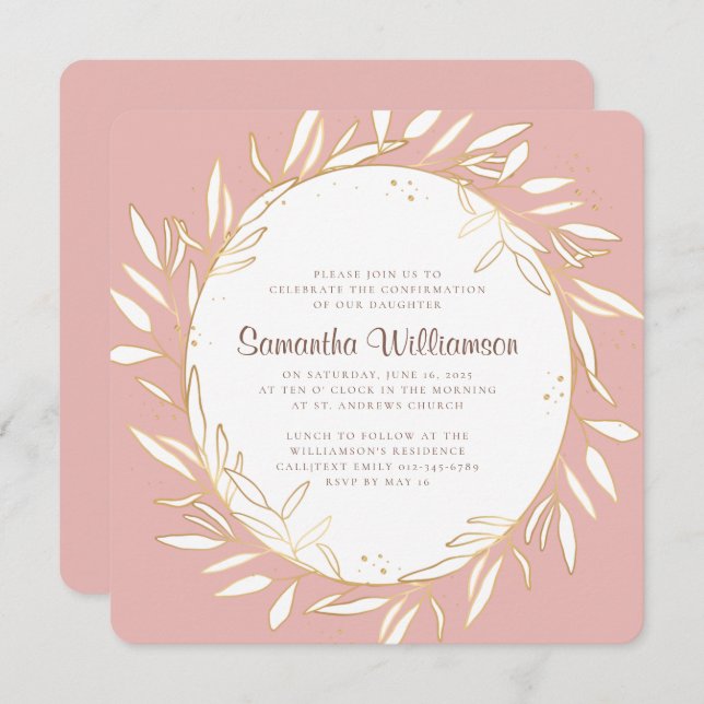 Invitation Confirmation de coulée d'or moderne sur rose (Devant / Derrière)