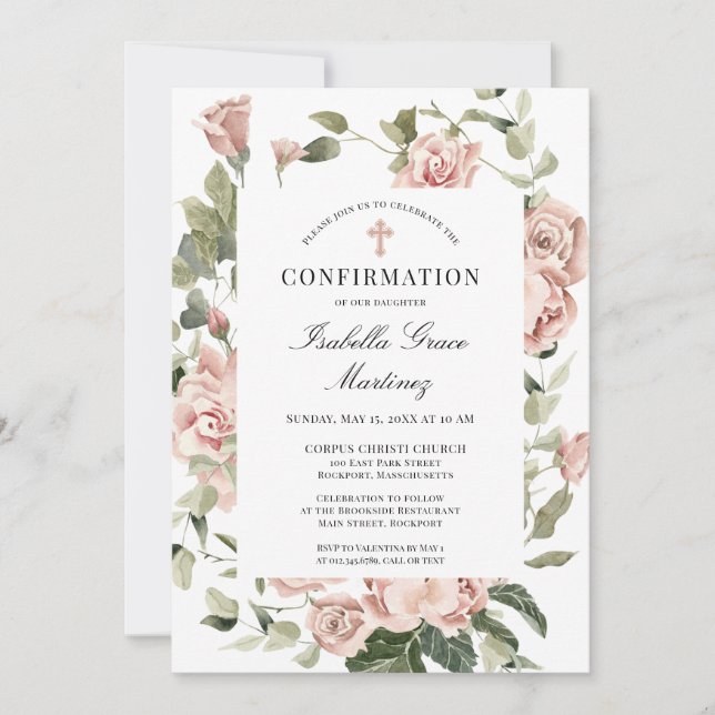 Invitation Confirmation de croix florale rose et épaisse (Devant)