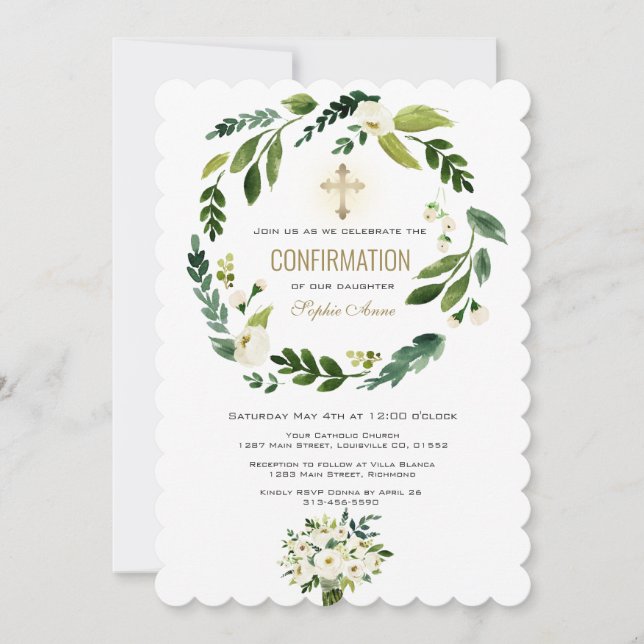 Invitation Confirmation de la croix d'or Floral Blanc (Devant)